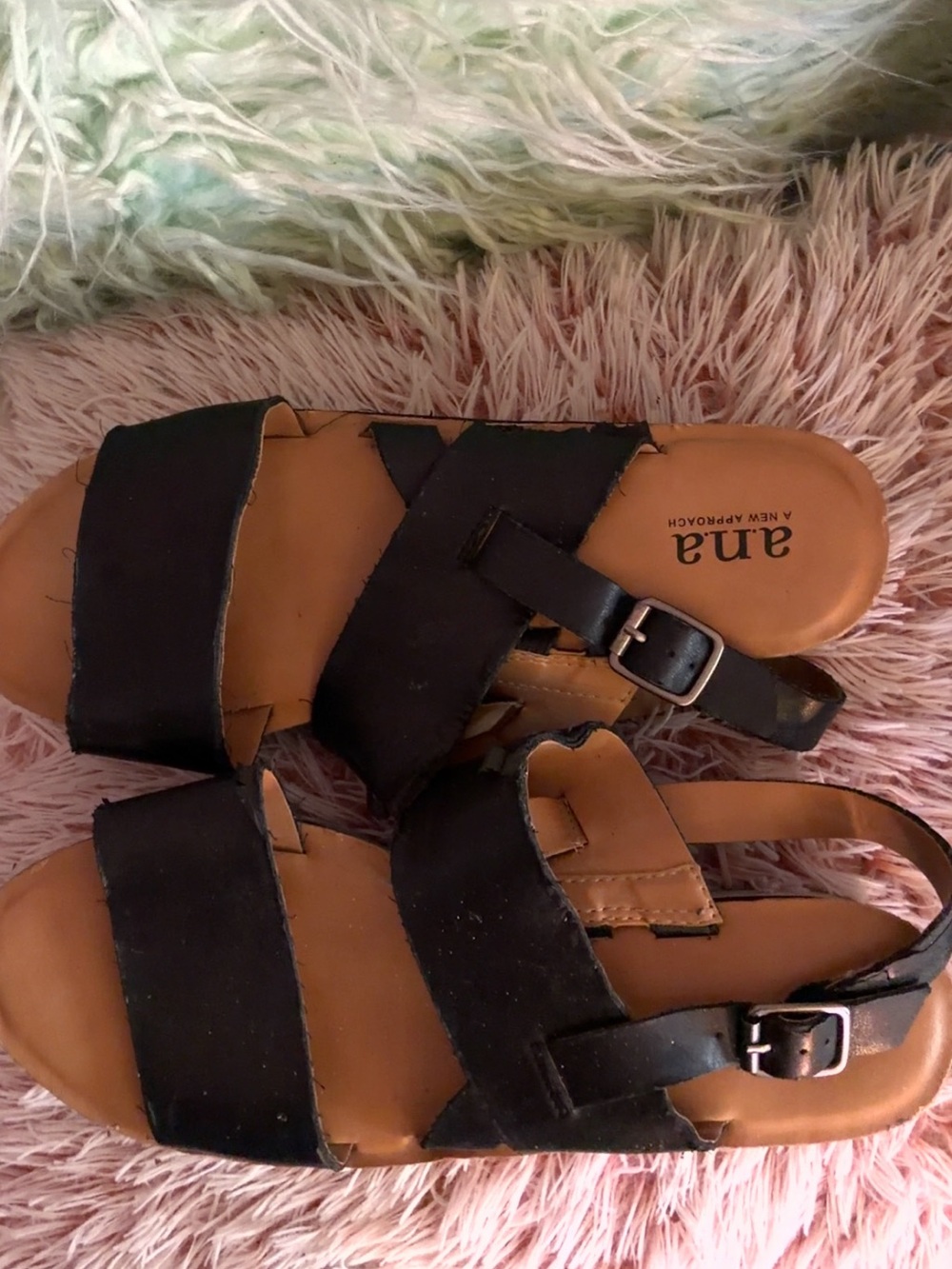 a.n.a Black and Tan Strappy Buckle Sandals